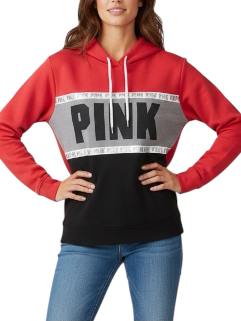 PINK Victoria's Secret Colorblock Hoodie Sweatshirt - Red/Gray/Black Size Medium